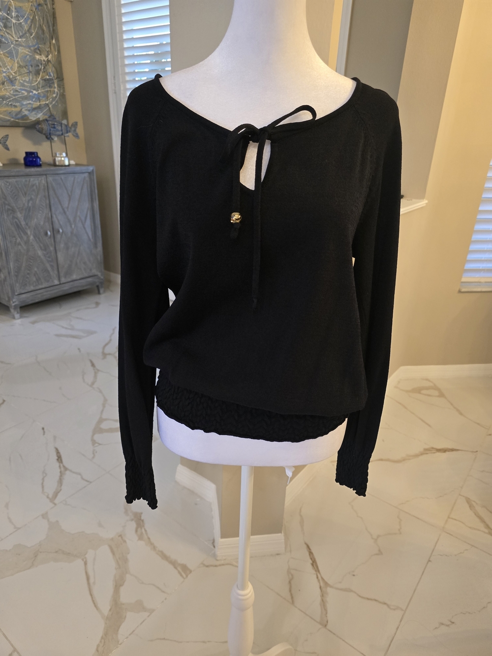 Cache Black Tie-Front Long Sleeve Pullover